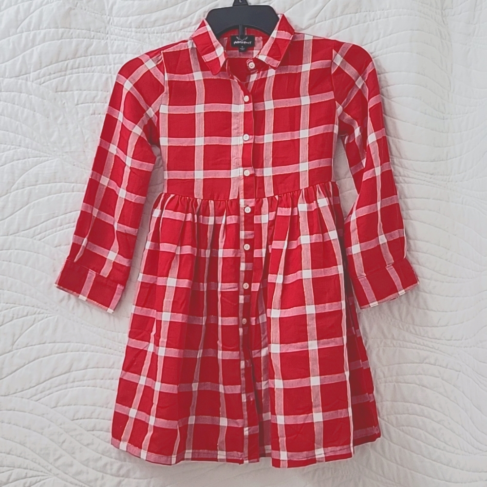 Girls' Plaid Shirt Dress, Full Buttons, Long Sleeves, with Bow at Back Size 8